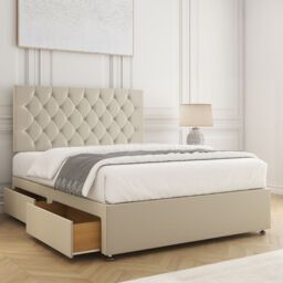 "BSSPOKE Mia Plush Velvet Divan Bed 2Drawers Same Side 24"" Headboard& Mattress in Cream - Size: Super King"