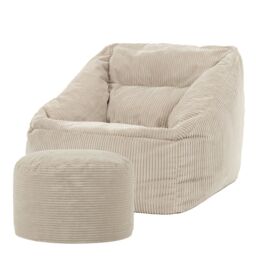 icon Corduroy Bean Bag Armchair & Round Beanbag Footstool in Natural - thumbnail 1