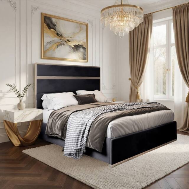 Casani Fleetwood Upholstered Soft Velvet Black Metal Designer Bed Frame - Size: Double - image 1