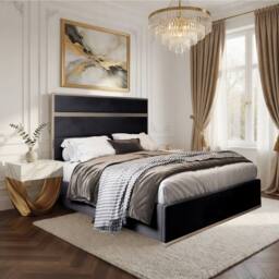 Casani Fleetwood Upholstered Soft Velvet Black Metal Designer Bed Frame - Size: Double - thumbnail 1