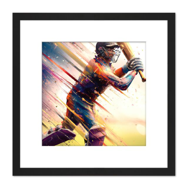 Artery8 Cricket Batsman Swings Action Sports Splatter Oil Painting Square Wooden Framed Wall Art Print Picture 8X8 Inch in Black - image 1