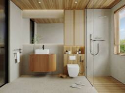 Vente-unique Wall-Hung Teak Bathroom Unit With Square Basin - 90 Cm - TOWARI in Light Oak - thumbnail 1
