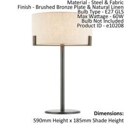 Loops Table Lamp Brushed Bronze Plate & Natural Linen 60W E27 GLS Base & Shade - thumbnail 2