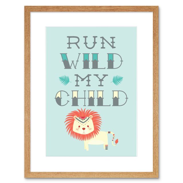 "Artery8 Wall Art Print Kids Run Wild My Child Pastel Lion Framed in Beige - Size: W7"" x H9""" - image 1