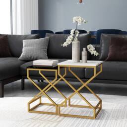 STILVORA 2 Nesting Side Tables with Steel Legs, Black & White in Gold