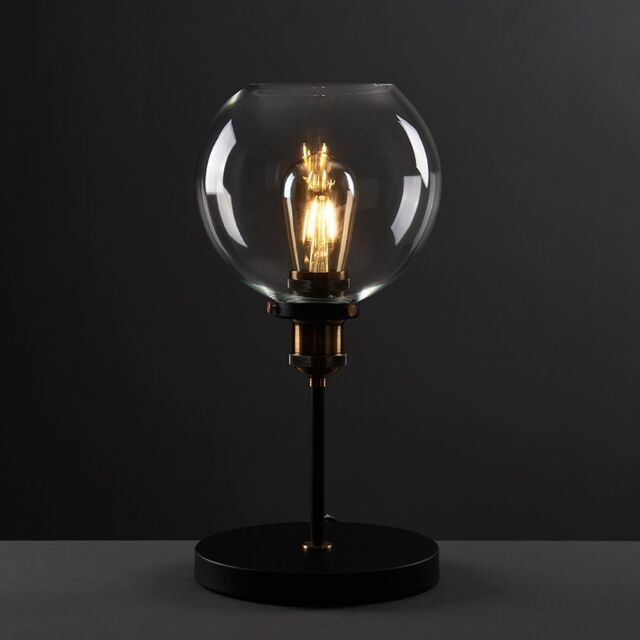 ValueLights Sheridan Pair of Industrial Glass Bowl Gold Trim Black Table Lamps & LED Bulbs - image 1