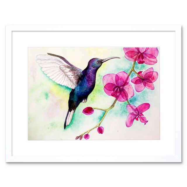 "Artery8 Wall Art Print Hummingbird & Orchid Art Framed 9x7 inch in White - Size: W7"" x H9""" - image 1