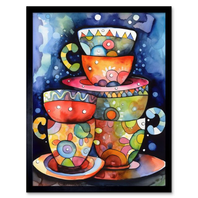 "Artery8 Wall Art Print Kitchen Folk Art Mugs & Cups Art Framed in Black - Size: W12"" x H16""" - image 1