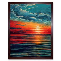 "Artery8 Wall Art Print Seascape Scarlet Sunrise Fiery Horizon Clouds Art Framed in Brown - Size: W12"" x H16""" - thumbnail 1
