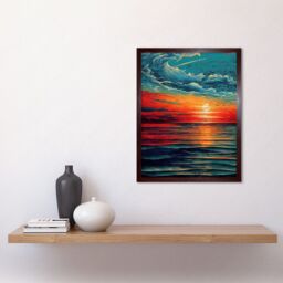 "Artery8 Wall Art Print Seascape Scarlet Sunrise Fiery Horizon Clouds Art Framed in Brown - Size: W12"" x H16""" - thumbnail 2