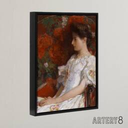 "Artery8 Woman Portrait on Victorian Chair Hassam Framed Canvas Wall Art Print in Red - Size: W12"" x H16""" - thumbnail 2