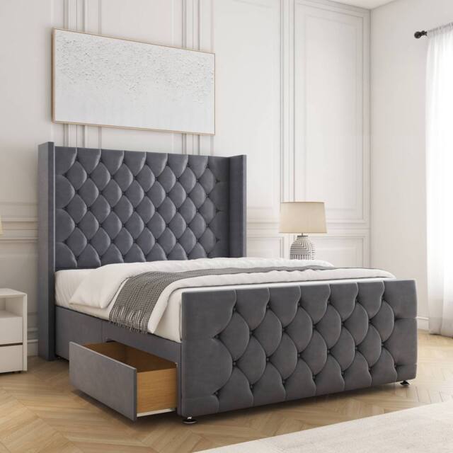 "BSSPOKE Florida Divan Bed Velvet 54""Headboard & 20""Footboard 2Drawers Mattress in Charcoal - Size: Super King" - image 1