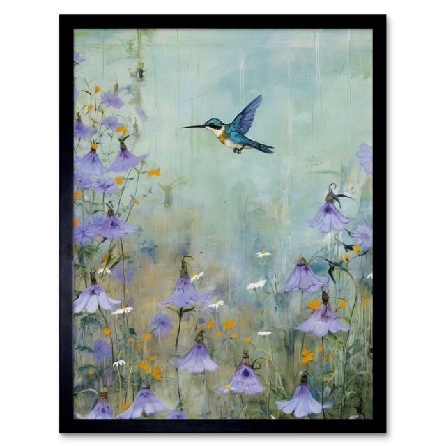 "Artery8 Wall Art Print Bluebell Hummingbird Pastel Painting Nectar Flowers Field Oil Painting Colour Artwork Art Framed in Black - Size: W12"" x H16""" - image 1