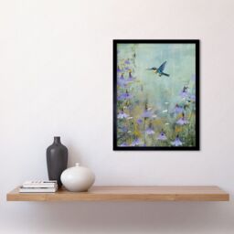 "Artery8 Wall Art Print Bluebell Hummingbird Pastel Painting Nectar Flowers Field Oil Painting Colour Artwork Art Framed in Black - Size: W12"" x H16""" - thumbnail 2
