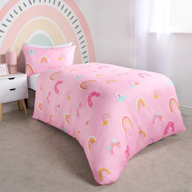 OHS Rainbow Duvet Cover Bedding Set Quilt Pillowcase Reversible in Pink - Size: Single - image 1