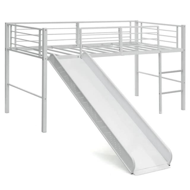Costway Loft Bed Single Size Kids Bed Frame w/ Safety Guardrails Ladder & Slide in White - image 1