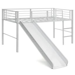 Costway Loft Bed Single Size Kids Bed Frame w/ Safety Guardrails Ladder & Slide in White