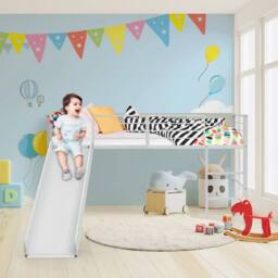 Costway Loft Bed Single Size Kids Bed Frame w/ Safety Guardrails Ladder & Slide in White - thumbnail 6