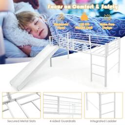 Costway Loft Bed Single Size Kids Bed Frame w/ Safety Guardrails Ladder & Slide in White - thumbnail 4