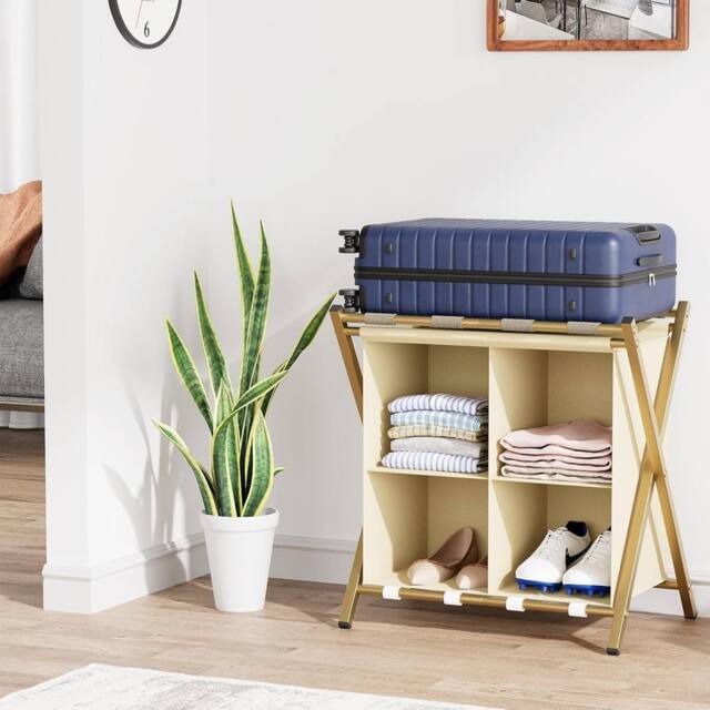 Huhote 2-Tier Metal Luggage Rack with Storage Shelf Suitcase stand Home in Gold - image 1