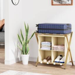 Huhote 2-Tier Metal Luggage Rack with Storage Shelf Suitcase stand Home in Gold - thumbnail 1