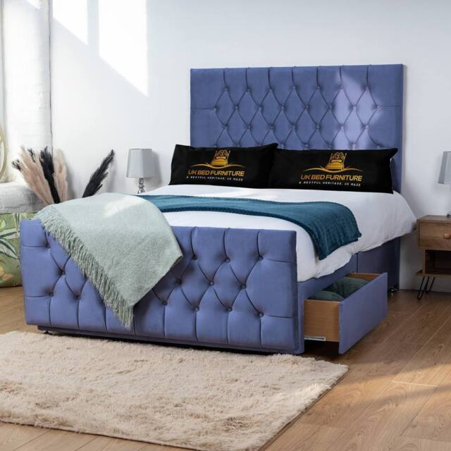 UK Bed Furniture Jublie Divan Bed with 2 Drawers Foot End & 26 Inch headboard in Blue - Size: King - image 1