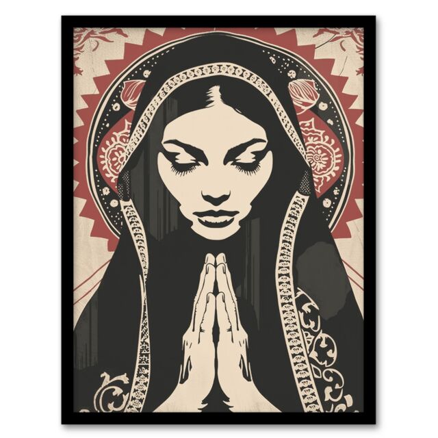 "Artery8 Lady in Prayer Artwork Catholic Peace Symmetry Framed Art Print in Beige - Size: W12"" x H16""" - image 1