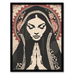 "Artery8 Lady in Prayer Artwork Catholic Peace Symmetry Framed Art Print in Beige - Size: W12"" x H16""" - thumbnail 1