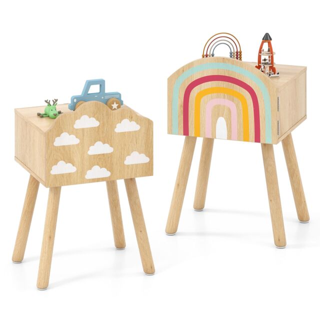 Costway Nightstand Set of 2 Cute End Tables w/ Rainbow Patterns in Natural - image 1