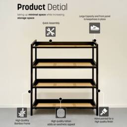 Keplin 4 Tier Bamboo & Rattan Shoe Organiser Rack - Durable, Easy Assembly in Black - thumbnail 5