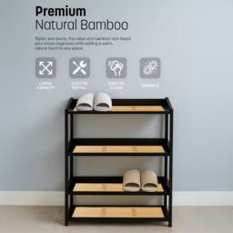 Keplin 4 Tier Bamboo & Rattan Shoe Organiser Rack - Durable, Easy Assembly in Black - thumbnail 8