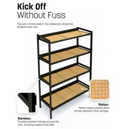 Keplin 4 Tier Bamboo & Rattan Shoe Organiser Rack - Durable, Easy Assembly in Black - thumbnail 6