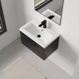 Balterley 600mm Wall Hung 1 Drawer Vanity Unit, Woodgrain Black, Black Handle - thumbnail 3