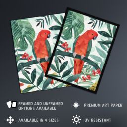 "Artery8 Red Parakeet Bird in Tropical Jungle Watercolour Wall Art Print in Green - Size: W18"" x H24""" - thumbnail 2