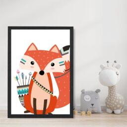 ARTZE Sitting Red Fox Tribal Animal Framed Print SIZE: A3 with Black Frame - Size: A4 - thumbnail 2