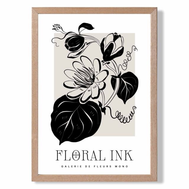 ARTZE Tropical Flowers in Black & Beige Floral Ink Sketch Framed Print SIZE: A2 with Oak Frame - Size: A4 - image 1