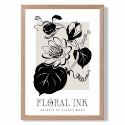 ARTZE Tropical Flowers in Black & Beige Floral Ink Sketch Framed Print SIZE: A2 with Oak Frame - Size: A4