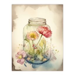 Artery8 Wall Art Print Wildflowers In Glass Jar Soft Watercolour Painting Pink Spring Flowers Blooms Nature Colourful Bright Floral Modern Artwork - thumbnail 1