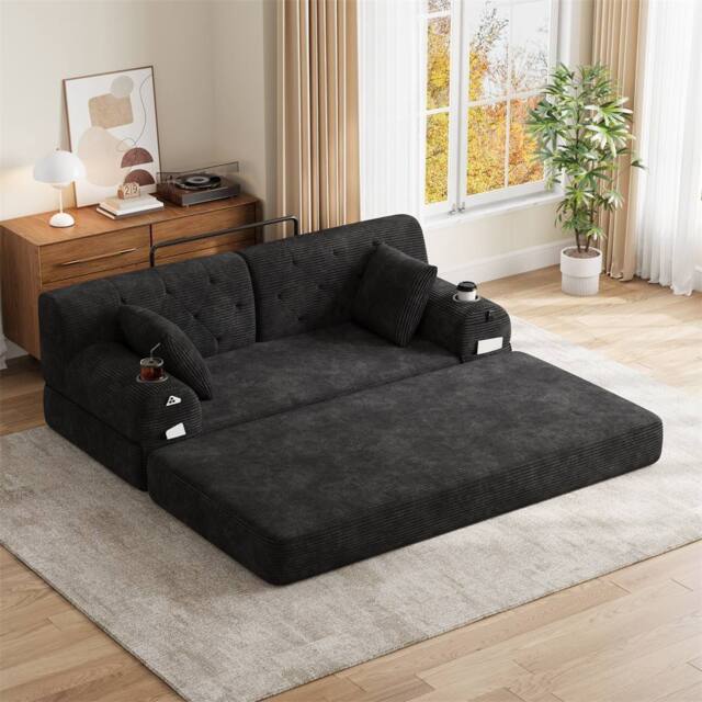 Direct Wicker 2-Seater Corduroy Sofa Bed with Cup Holders & Side Storage Pockets in Black - Size: 2 Seater - image 1