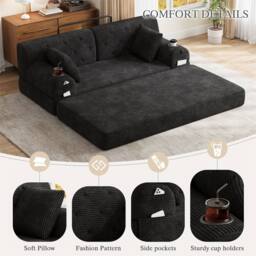 Direct Wicker 2-Seater Corduroy Sofa Bed with Cup Holders & Side Storage Pockets in Black - Size: 2 Seater - thumbnail 2