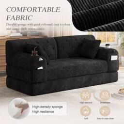 Direct Wicker 2-Seater Corduroy Sofa Bed with Cup Holders & Side Storage Pockets in Black - Size: 2 Seater - thumbnail 6