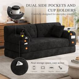 Direct Wicker 2-Seater Corduroy Sofa Bed with Cup Holders & Side Storage Pockets in Black - Size: 2 Seater - thumbnail 3