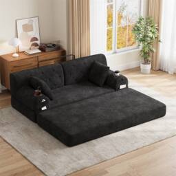Direct Wicker 2-Seater Corduroy Sofa Bed with Cup Holders & Side Storage Pockets in Black - Size: 2 Seater