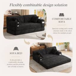 Direct Wicker 2-Seater Corduroy Sofa Bed with Cup Holders & Side Storage Pockets in Black - Size: 2 Seater - thumbnail 4