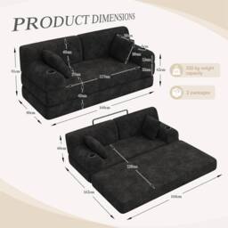 Direct Wicker 2-Seater Corduroy Sofa Bed with Cup Holders & Side Storage Pockets in Black - Size: 2 Seater - thumbnail 7