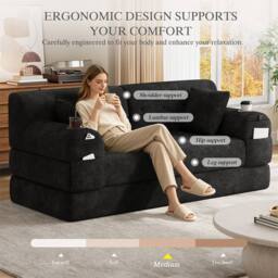 Direct Wicker 2-Seater Corduroy Sofa Bed with Cup Holders & Side Storage Pockets in Black - Size: 2 Seater - thumbnail 5
