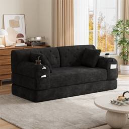 Direct Wicker 2-Seater Corduroy Sofa Bed with Cup Holders & Side Storage Pockets in Black - Size: 2 Seater - thumbnail 8