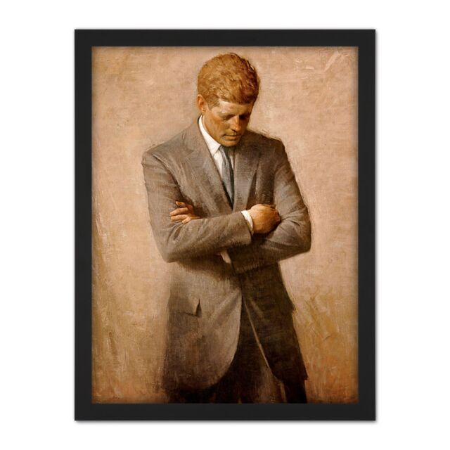 "Artery8 Wall Art Print Shikler Official Portrait US President John Kennedy JFK Painting Large Framed Wall Décor Art in Brown - Size: W18"" x H24""" - image 1