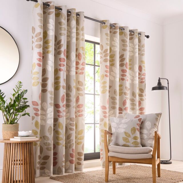 Portfolio Home Springfield Leaf Fully Lined Eyelet Curtain Set in Natural - Size: 117 cm width x 137 cm drop - image 1