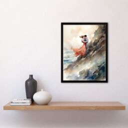 "Artery8 Wall Art Print Forbidden Love Watercolour Painting Couple Embrace In Dramatic Coastal Cliff Landscape Art Framed - Size: W12"" x H16""" - thumbnail 4
